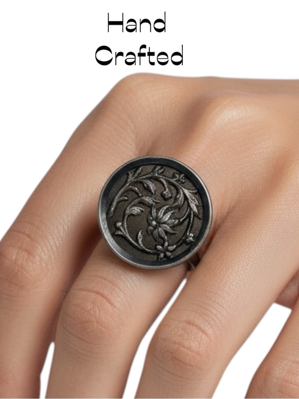 Hand Crafted Antique Metal Silver Floral  Button Adjustable Ring NWT OS